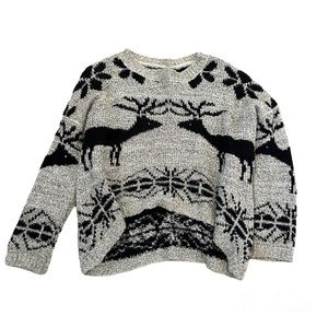 Reindeer Print Cozy Loose Fitting Sweater— Size S